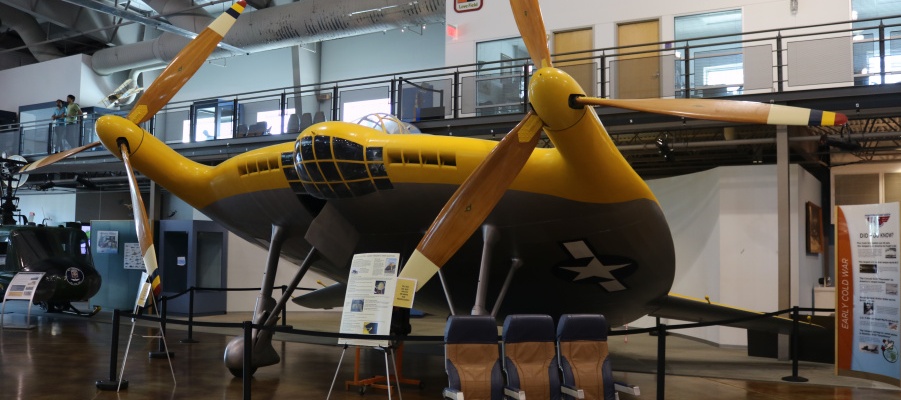 The V-173 sat on the ground at a high angle of 22-degrees to provide clearance for the large propellers and enable a short take-off by generating lift from the high angle of the wing area to the airstream - Frontiers of Flight Museum, Dallas Love Field (July 2019)